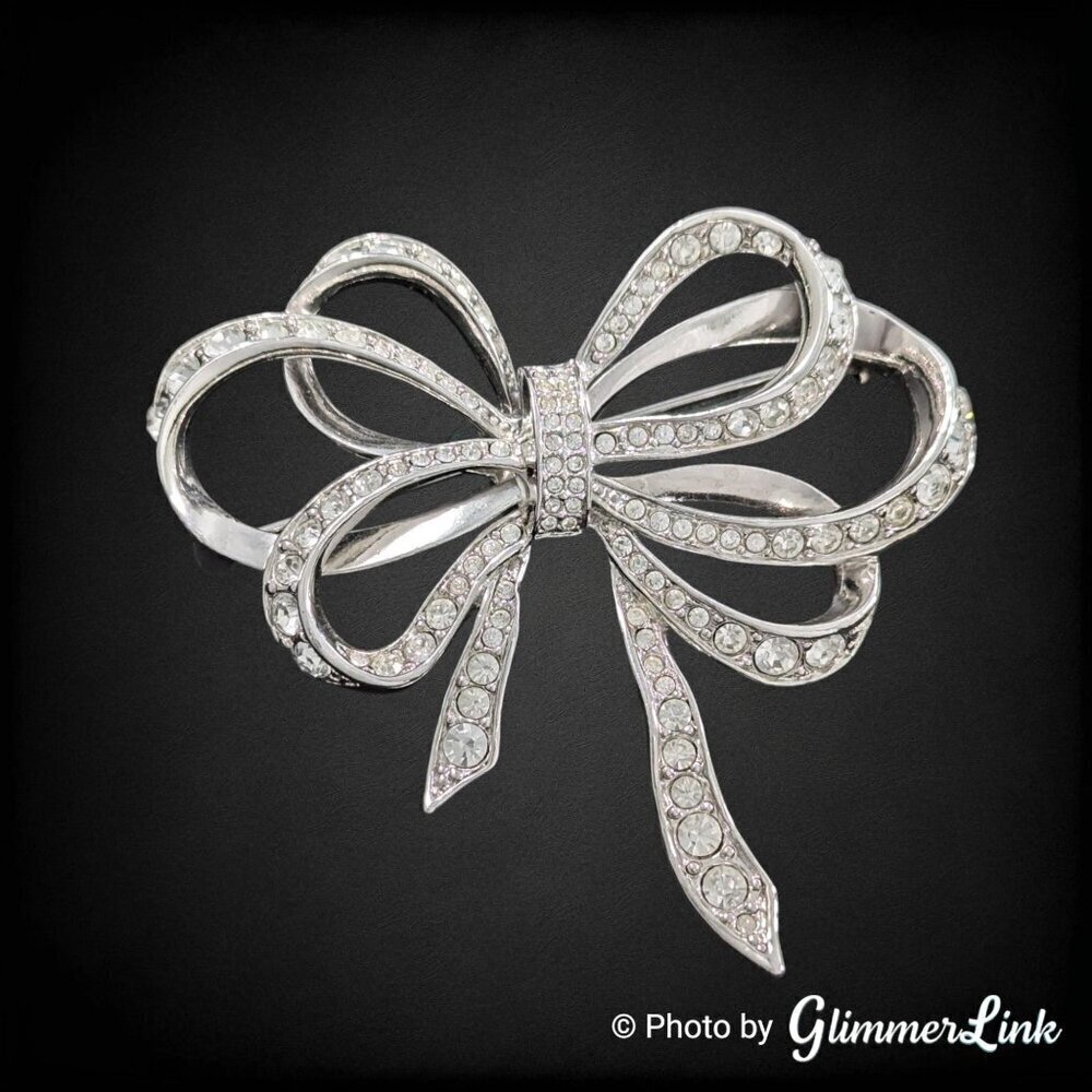 VTG KJL Kenneth Jay Lane For Avon Rhinestone Multi-Loop Bow Silver Tone Brooch